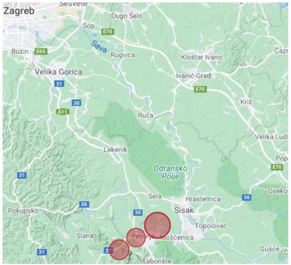 3 zemetrasenia s magnitúdom 5.0 a viac v priebehu 10 dní v Chorvátsku južne od Záhrebu a všetky tri boli najskôr chybne vyhodnotené aj ako samostatné zemetrasenia v 300-400 km vzdialenosti v severnom Taliansku (ostatné slabšie otrasy tu nie sú zobrazené, ale je ich desiatky až stovky - pozri zdroj)