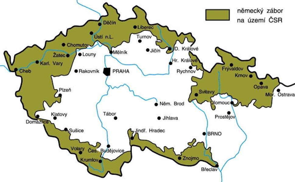 • Situačná mapka českých, moravských a sliezskych území, o ktpré Československá republika prišla po Mníchovskej zmluve z 30. septembra 1938. •