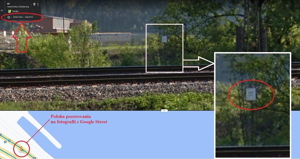 Historická snímka z roku 2012, z aplikácie Google Street. Zo snímky je možné určiť polohu odstránenej značky ochranného pásma vodného diela. Podľa tohto dôkazu sa nachádzala odstránená značka v polovici výčnelku, teda približne 60 metrov od hrádze.