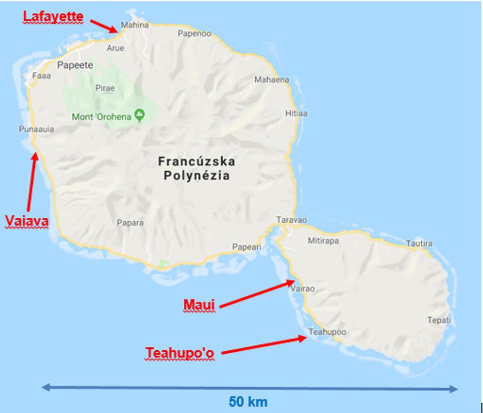 Mapa ostrova Tahiti. Zdroj: Google maps, licencia: Google Maps Terms of Service. Anotácie: Ľubor Šešera.