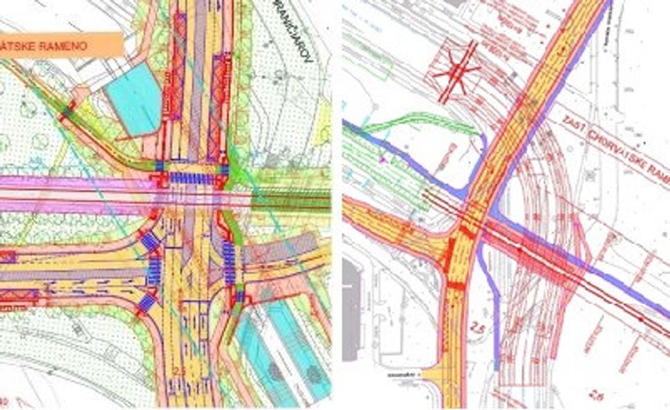 Križovatka nad Chorvátskym ramenom, vpravo: pôvodný projekt prekládky ramena