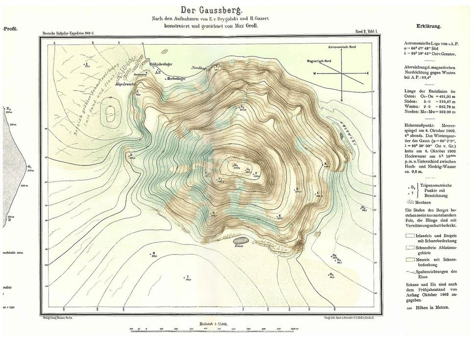Mapa sopky Gaussberg z roku 1902, podľa snímok Ericha von Drygalského a Hansa Gazerta zakreslil Max Groll
