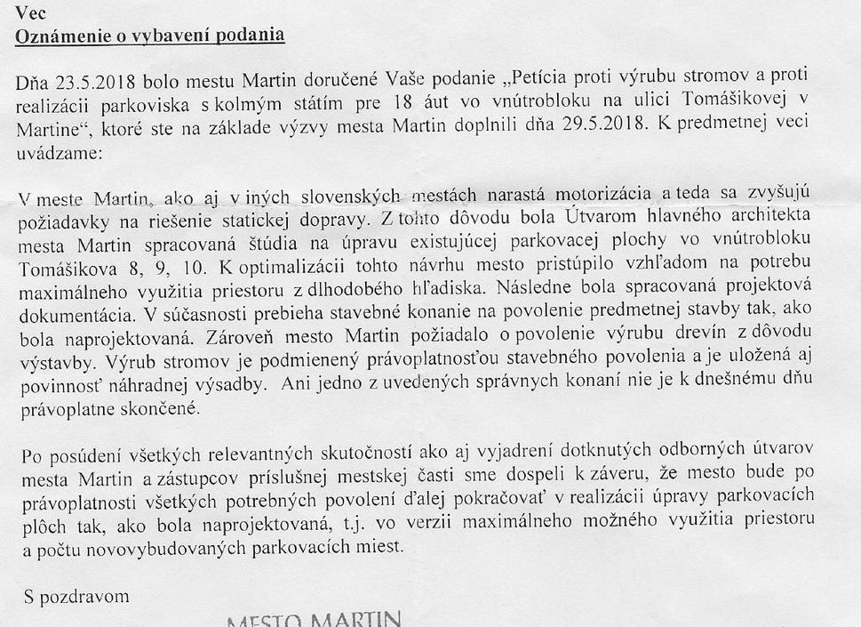 Vyjadrenie mesta Martin k petícii a optimalizácia riešenia ÚHA.