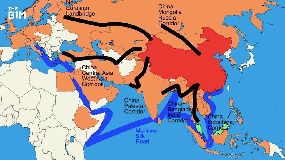 Hlavné dopravné koridory čínskeho programu Belt and Road. Myanmar pretína južná cesta.