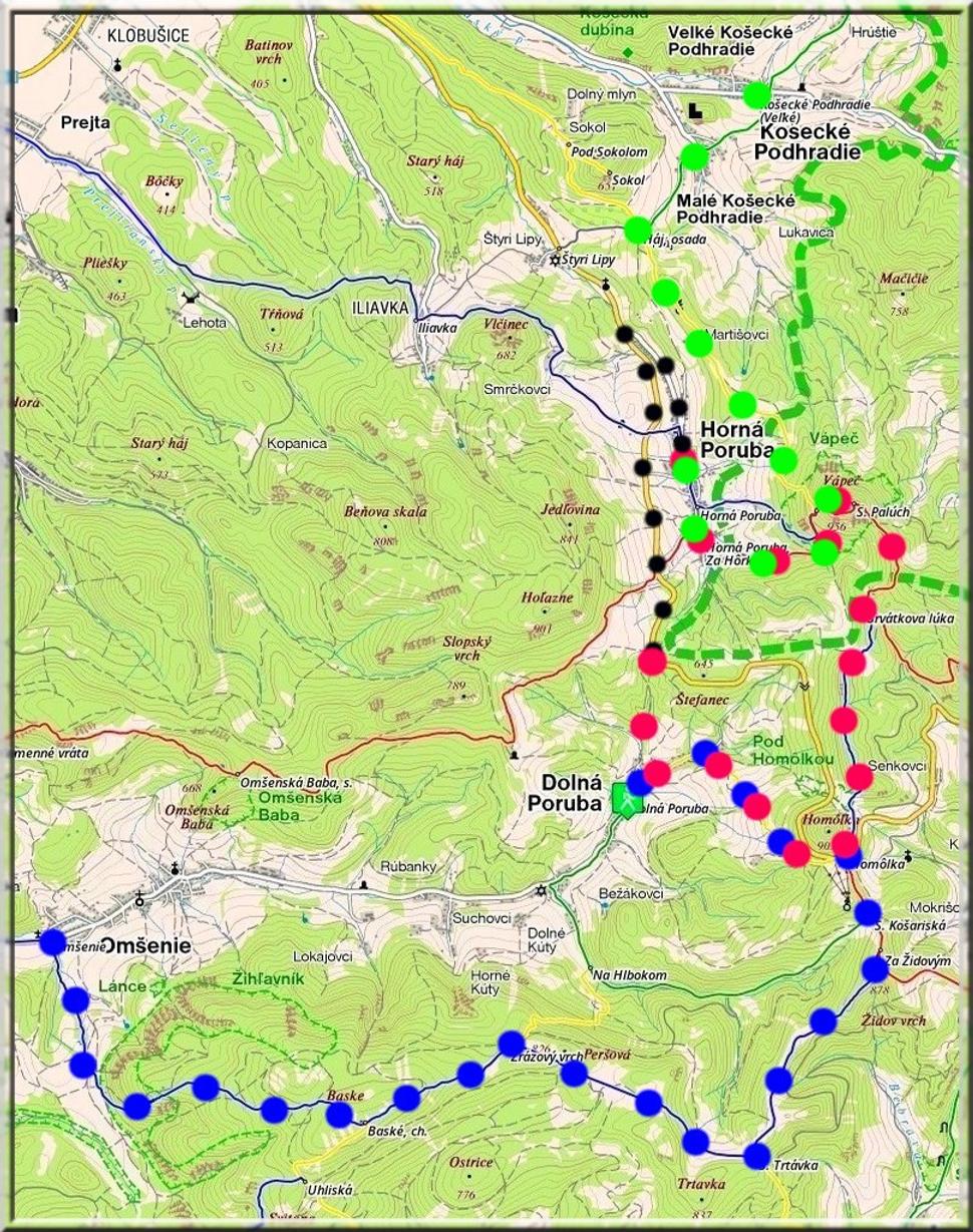 MODRÁ - trasa Dubničanov z Omšenia do Dolnej Poruby, ktorá mala byť pôvodne aj mojou trasou, ČERVENÁ - trasa našej skupiny z Dolnej Poruby cez Vápeč a Hornú Porubu do Dolnej Poruby, ZELENÁ - trasa nadsedemdesiatnikov z Košeckého Podhradia cez Vápeč do Hornej Poruby, ČIERNA - presun autobusom z Hornej Poruby nad Dolnú Porubu