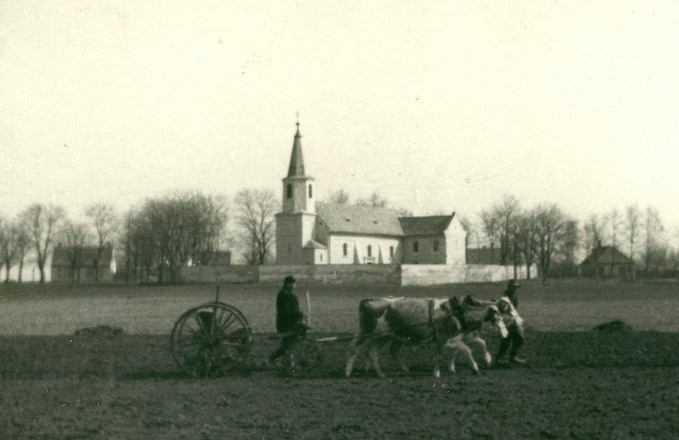 F. Cisár s paholkom J. Bolčekom počas sejby na Peterských nivkách, okolo roku 1949-50