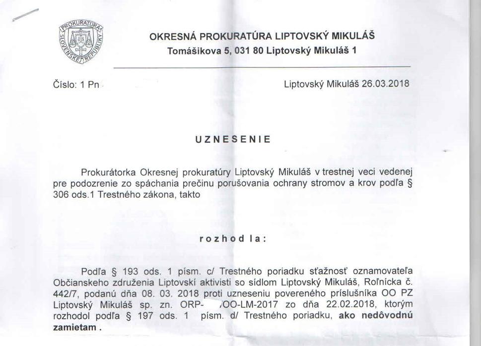 Uznesenie Okresnej prokurátorky o zamietnutí našej sťažnosti na Uznesenie vyšetrovateľa