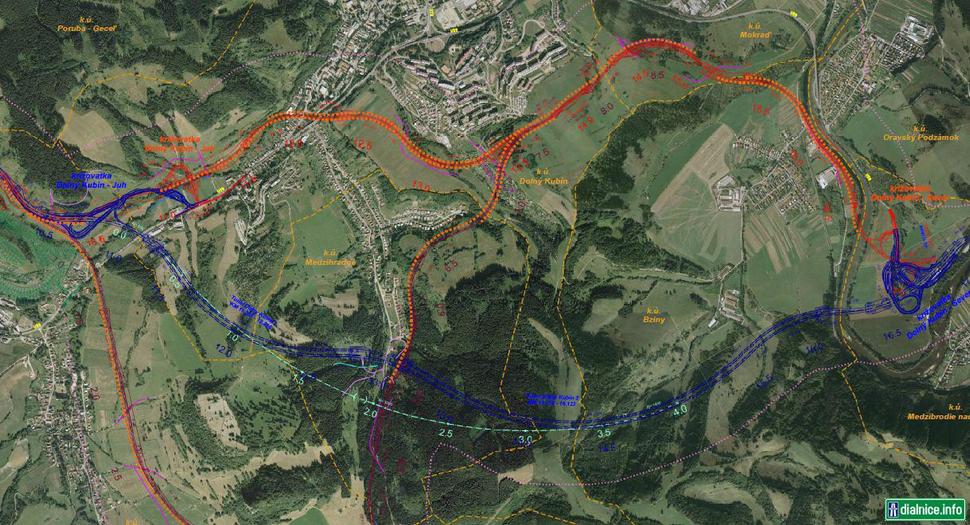 R3 Dolný Kubín - červený V1 (most) a modrý V3 so subvariantom V3d (tunel)