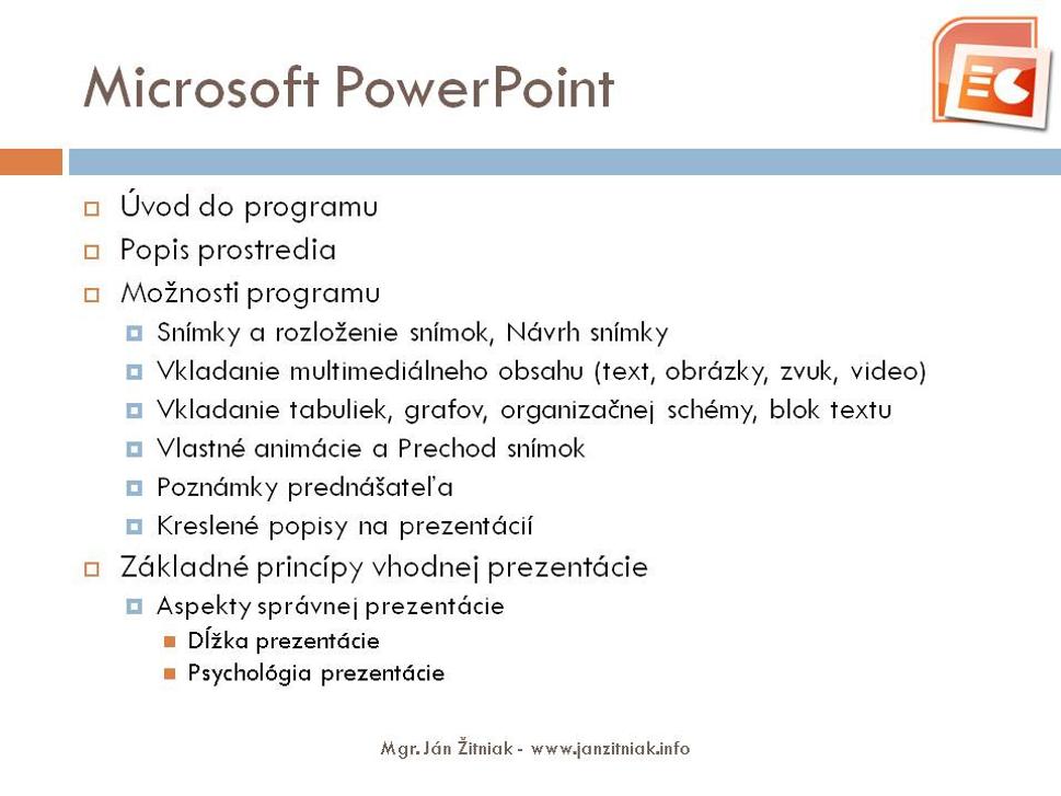 Microsoft PowerPoint - stručný návod - obsah