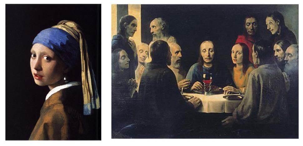 Vľavo Jan Vermeer „Dievča s perlovou náušnicou“ (cca 1656), vpravo Han van Meergeen „Posledná večera II.“ (1943). Inšpiráciou pre ženskú postavu vpravo bolo pravdepodobne asi najznámejšie Vermeerovo dielo.