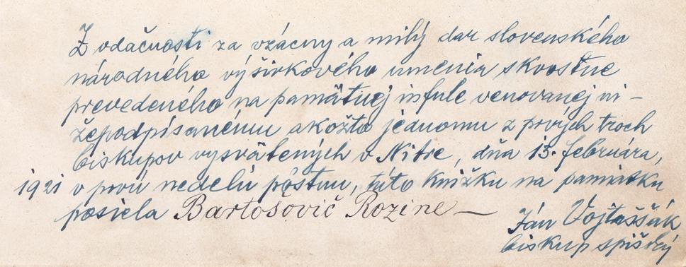 Venovanie biskupa Jána Vojtaššáka v knihe pre Rozáliu Bartošovičovú