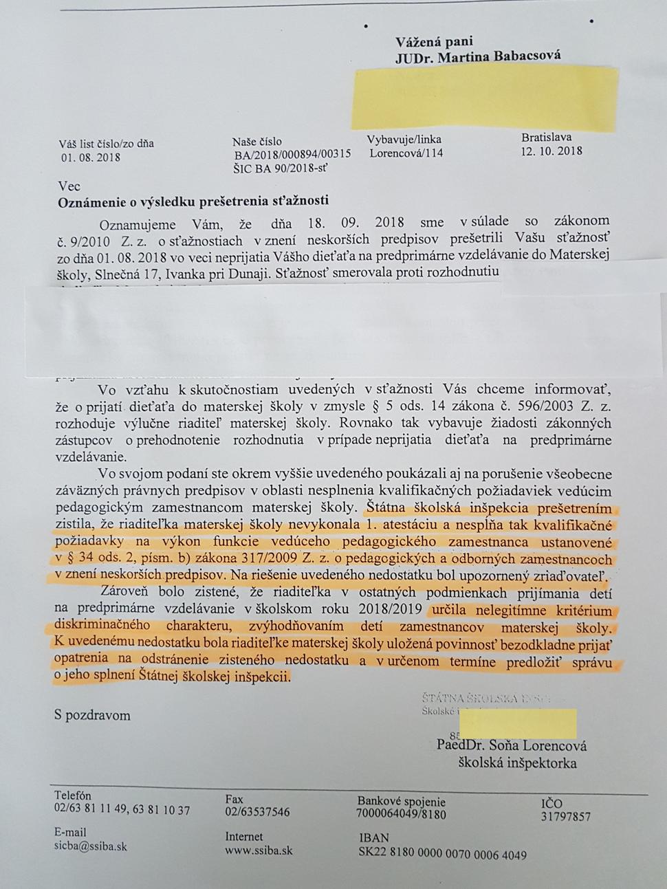 Odpoveď Štátnej školskej inšpekcie na podnet