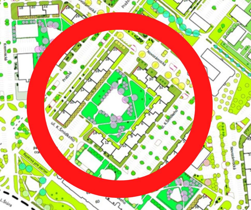 Návrh zelene z urbanistickej štúdie revitalizácie sídliska. Biela plocha vo vnútrobloku je betón o výmere približne 800m2