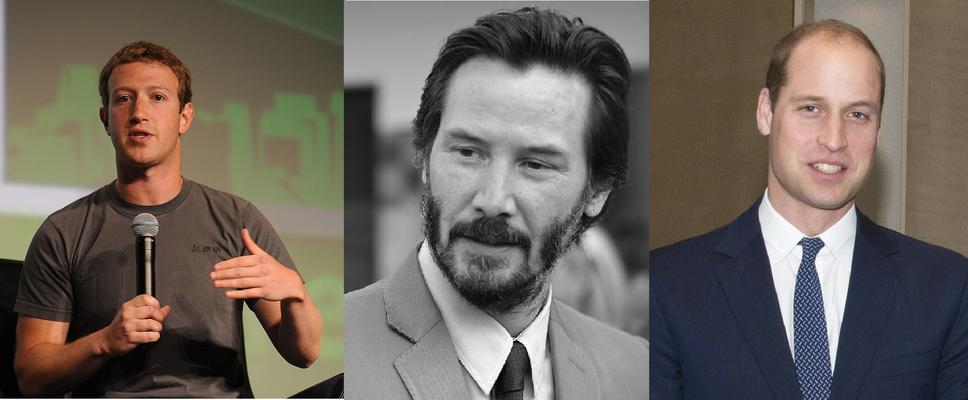 Zľava zakladateľ sociálnej siete Facebook Mark Zuckerberg, kanadský herec Keanu Reeves a princ William, vojvoda z Cambridge priznali, že sú farboslepí.