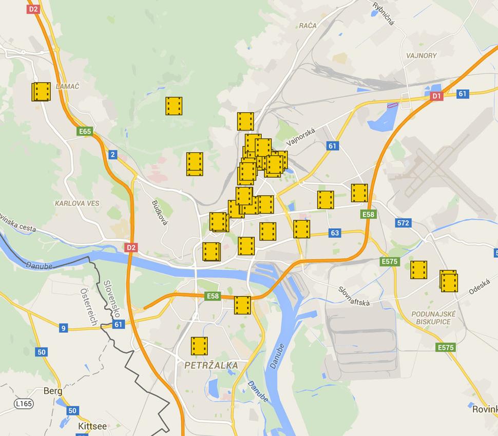 Mapa košov Zelenej hliadky v Bratislave