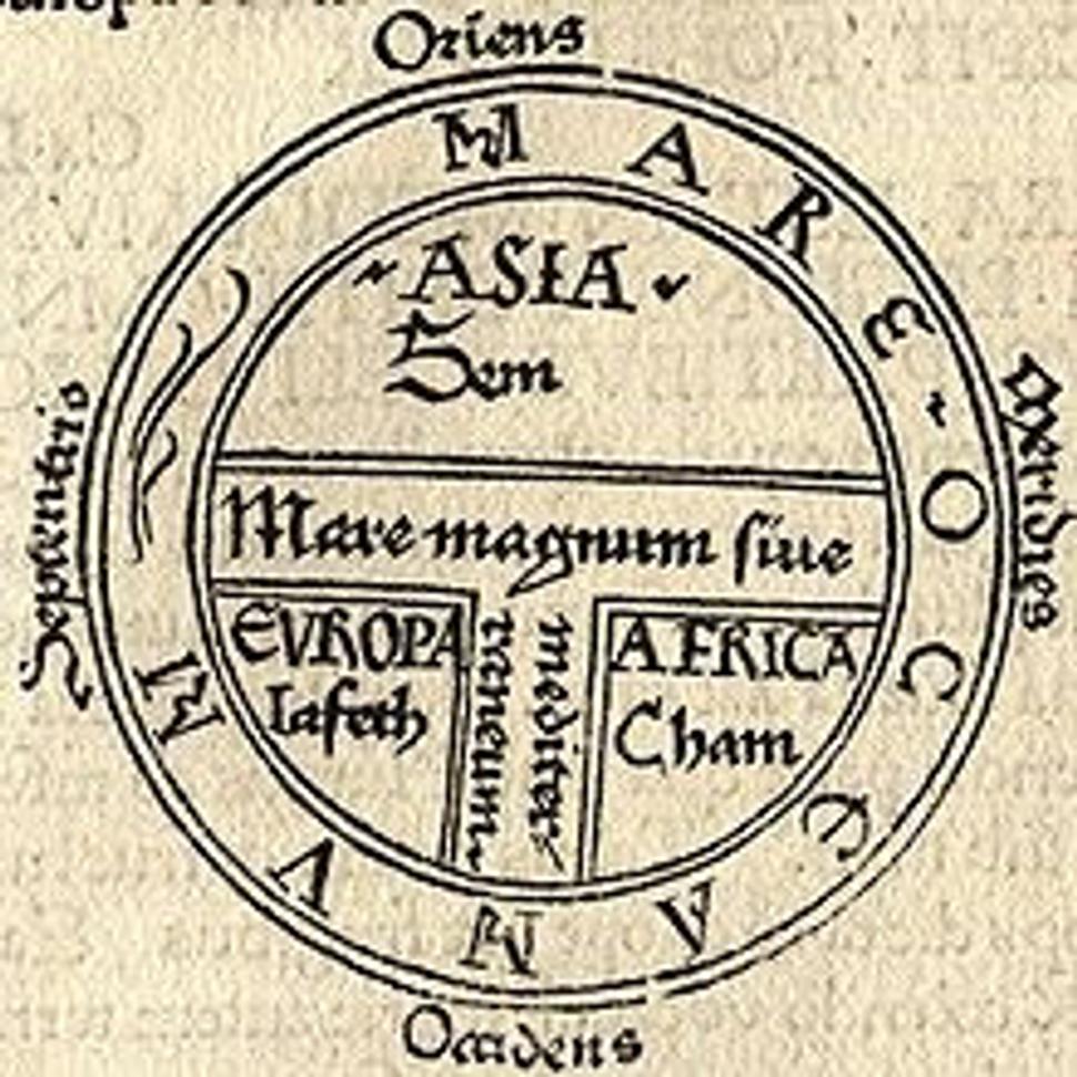 A medieval T and O map from 1472 showing the division of the world into 3 continents, allocated to the three sons of Noah