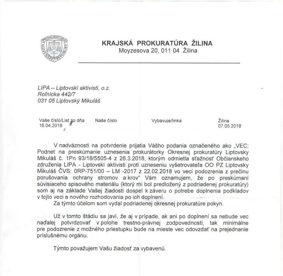 Vyjadrenie Krajskej prokuratúry k našej žiadosti o prešetrenie postupu Okresnej prokurátorky
