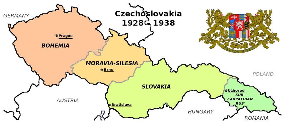Mapa medzivojnového Československa (hranica s Rumunskom merala len asi 200km)