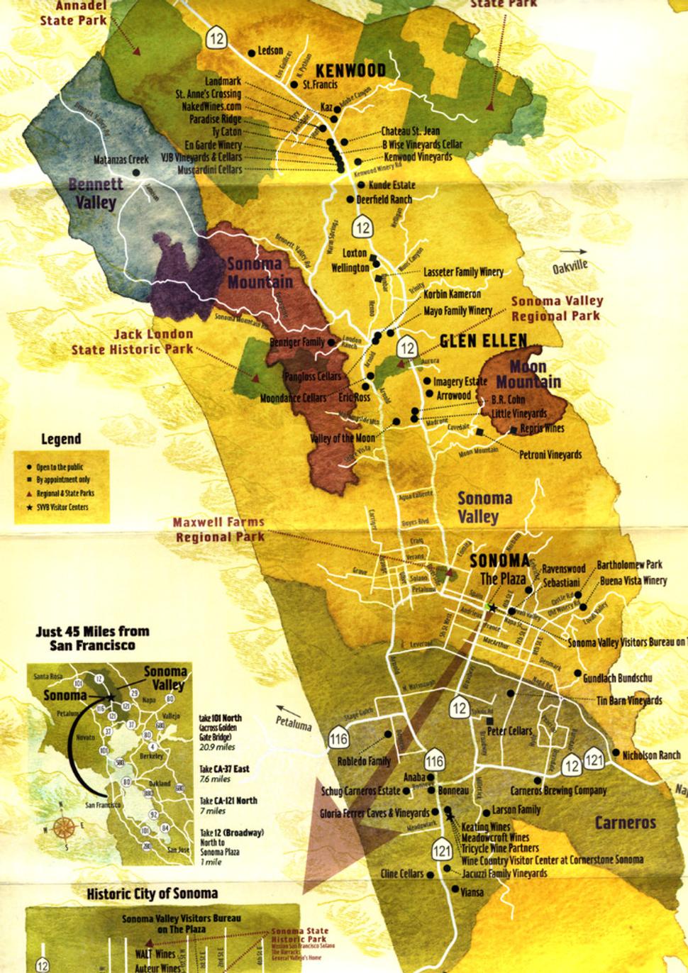 Mapka Sonoma Valley s vyznačenými vinárstvami