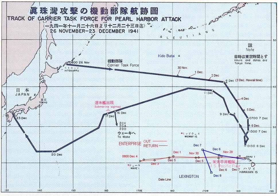 Takmer mesačná plavba japonskej flotily pri útoku na Pearl Harbor. (zdroj: https://en.wikipedia.org/wiki/Attack_on_Pearl_Harbor#/media/File:PearlHarborCarrierChart.jpg). Licencia: Public domain.
