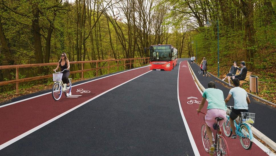 Doplnené lavičky popri ceste. Súčasné hrdzavé, červeno-biele zábradlie sa nahradí esteticky vhodnejším do lesného prostredia. Pruh pre cyklistov je potrebné maximálne rozšíriť.