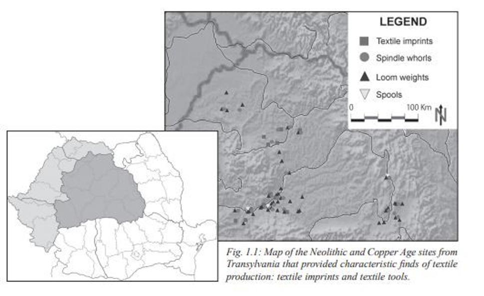 Umiestnenie lokalít, archeologických nálezov poukazujúcich na textilnú výrobu v Transylvánii v neolite a dobe bronzovej