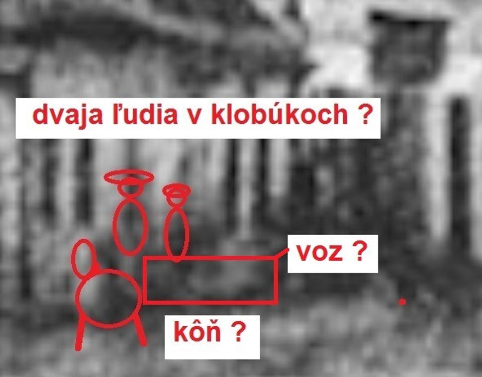 Výrez z kalotypie Prešporka cca 1841, pravdepodobne dvaja muži na koňom ťahanom voze - zakreslené.