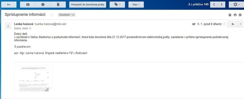Mail s podaním informácie z KR PZ Košice