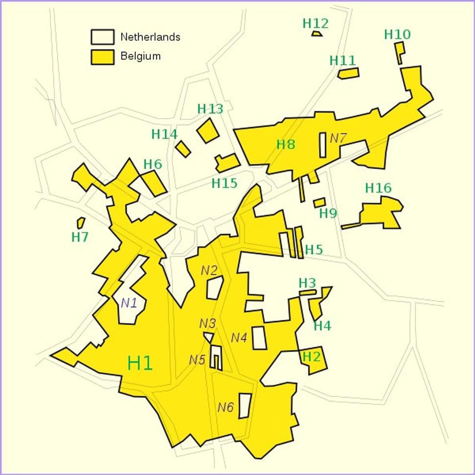 mapka Baarle Nassau, zvýraznená žltá je Belgicko, svetlejšia je Holandsko (obr: zdroj - wikipedia.org)