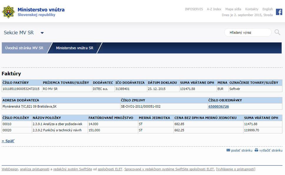 Faktúra za dodanie softvéru pre MV SR (printscreen 02.09.2015)