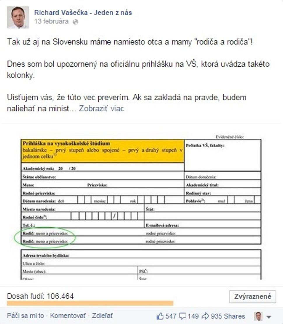 printscreen Facebook Richard Vašečka