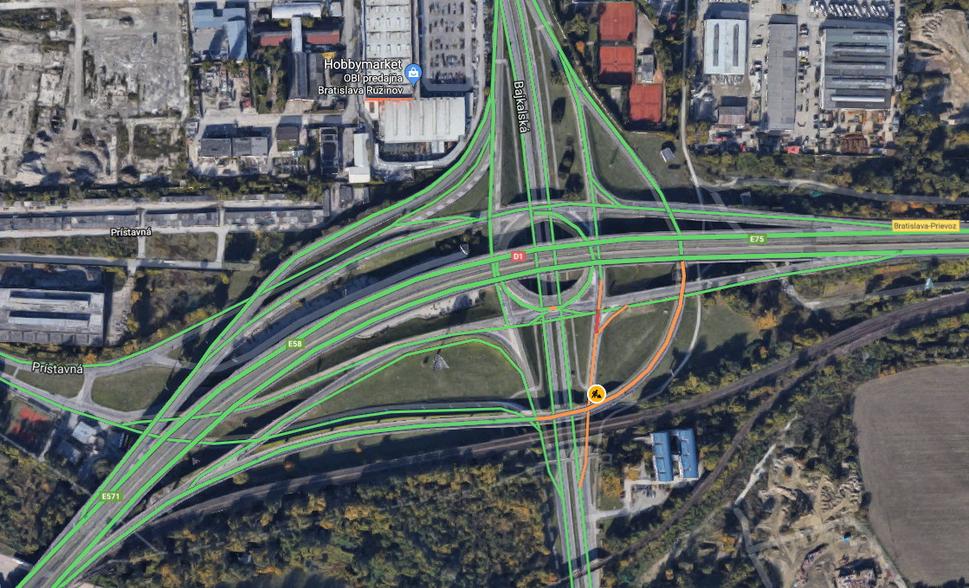Print Screen z Google mapy aj s vyznačením zdržania dopravy v pondelok 14.01.2019 počas dňa.