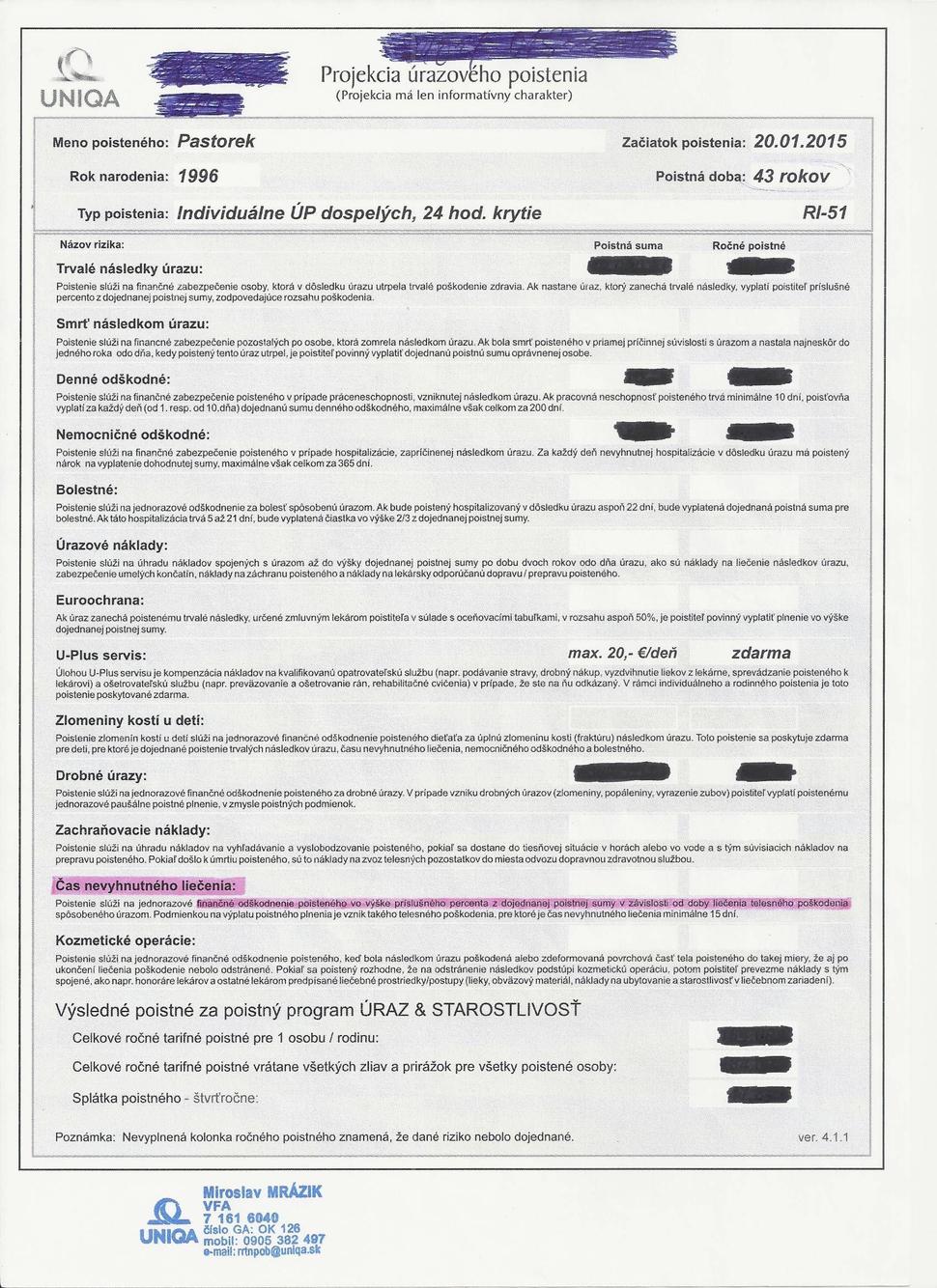 projekcia úrazového poistenia v čase uzatvorenia poistnej zmluvy