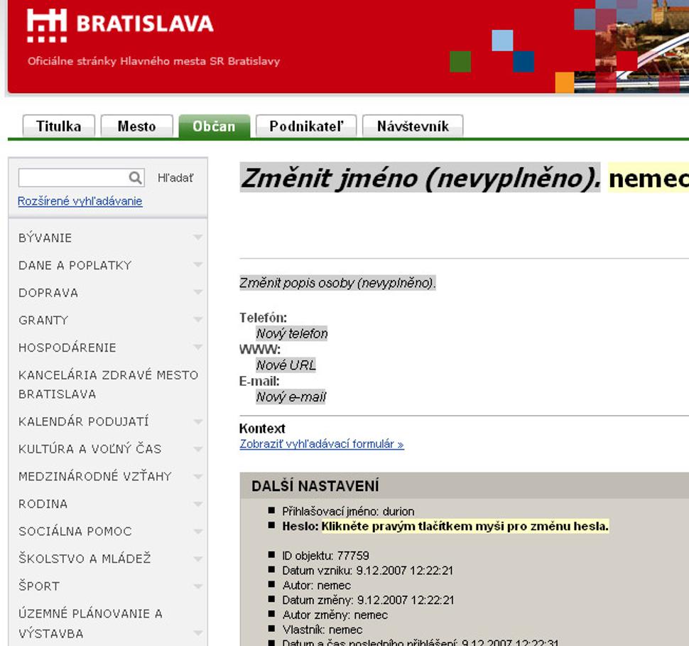 stránka hlavného mesta slovenskej republiky