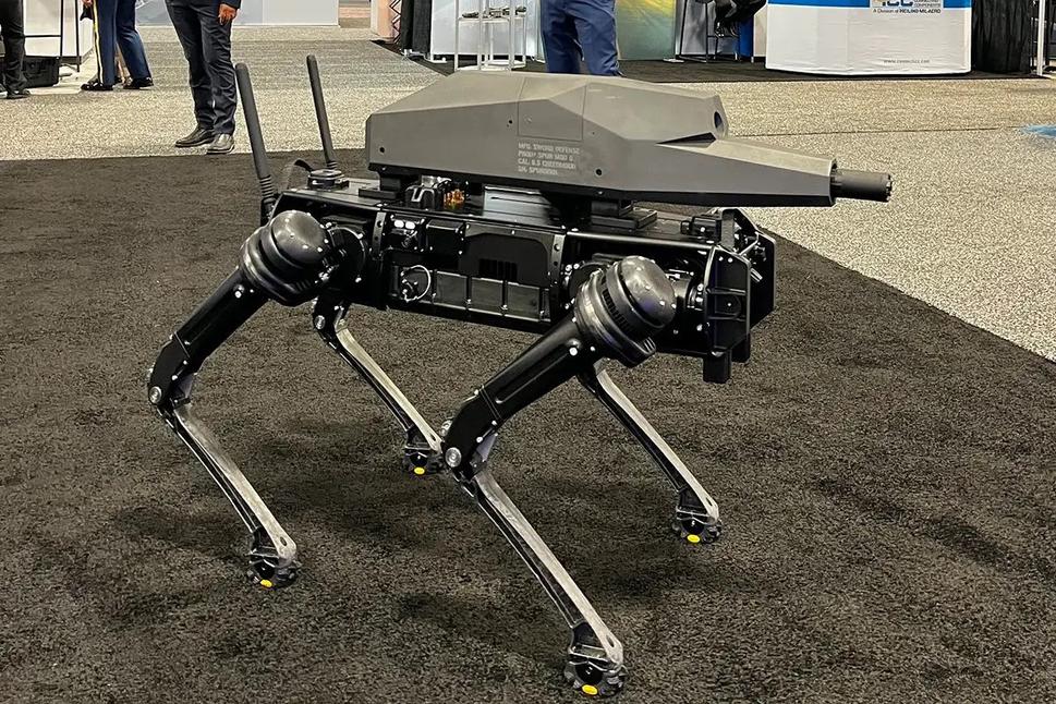 Robotický pes od spoločnosti Ghost Robotics vybavený nočným videním a odstreľovacou puškou.