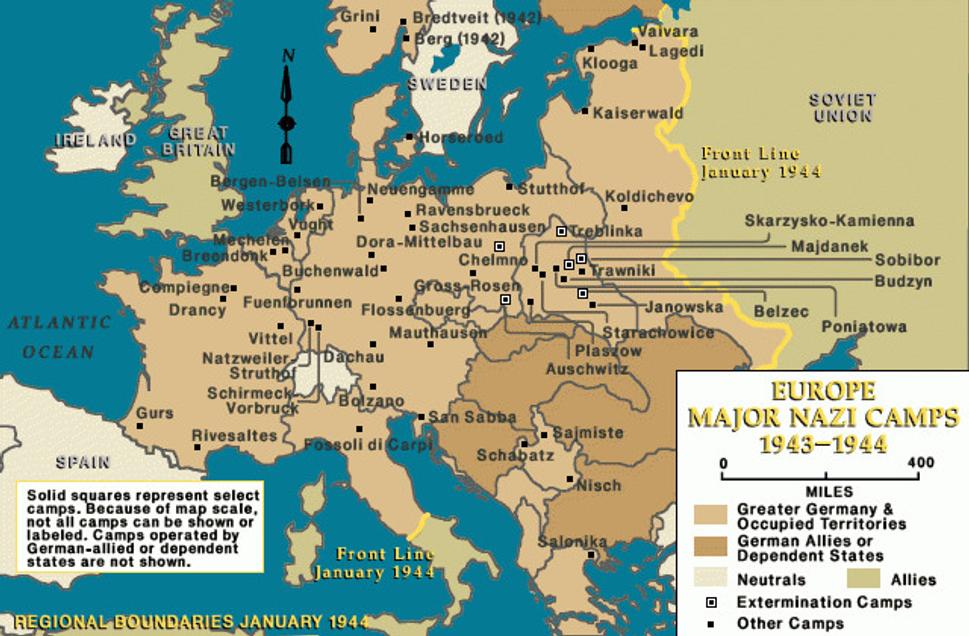 Hlavné nacistické tábory v Európe, Január 1944, Zdroj: Holocaust Encyclopedia, Holocaust Memorial Museum
