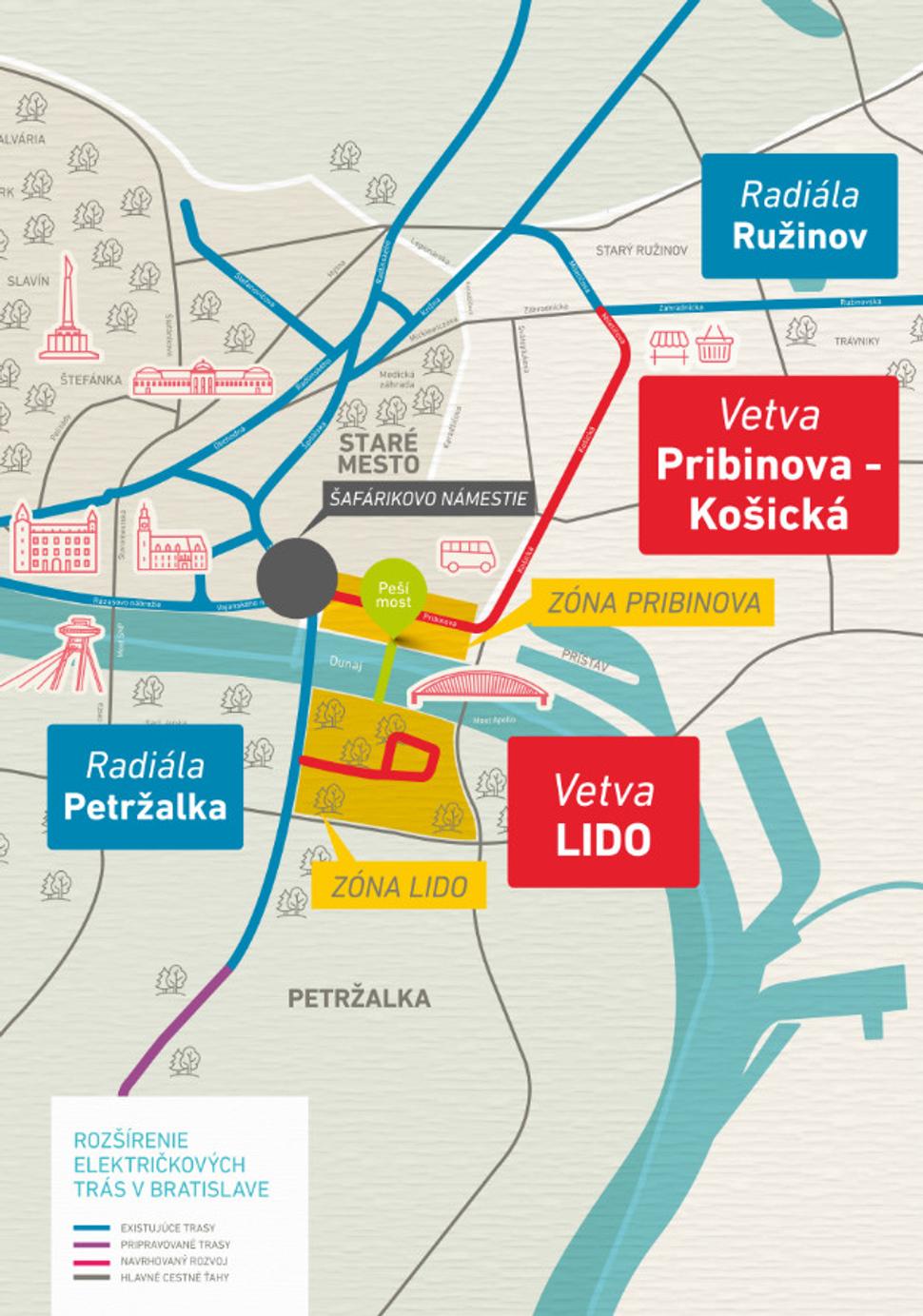 Mapa navrhovanej električky