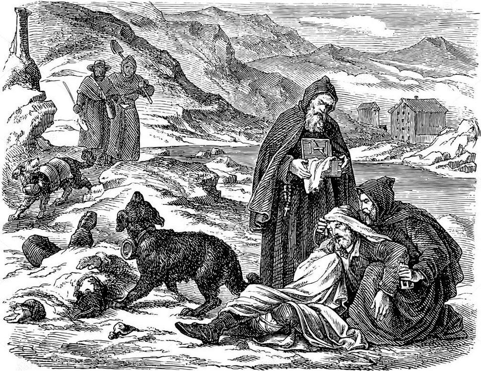 • Rytina s mníchmi z kláštora svätého Bernarda z Clairvaux so psíkmi. •