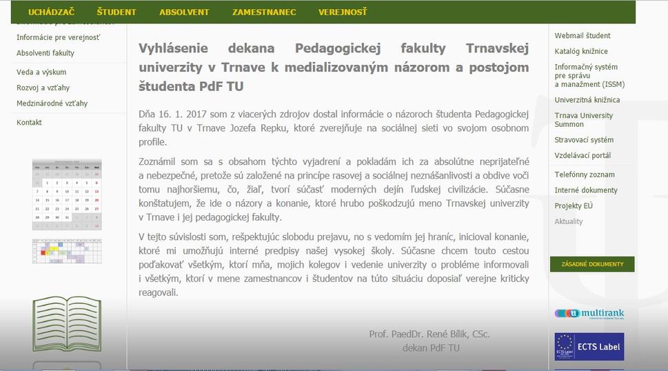 Vyhlásenie dekana pedagogickej fakulty v Trnave o situácie okolo študenta Jozefa Repku.