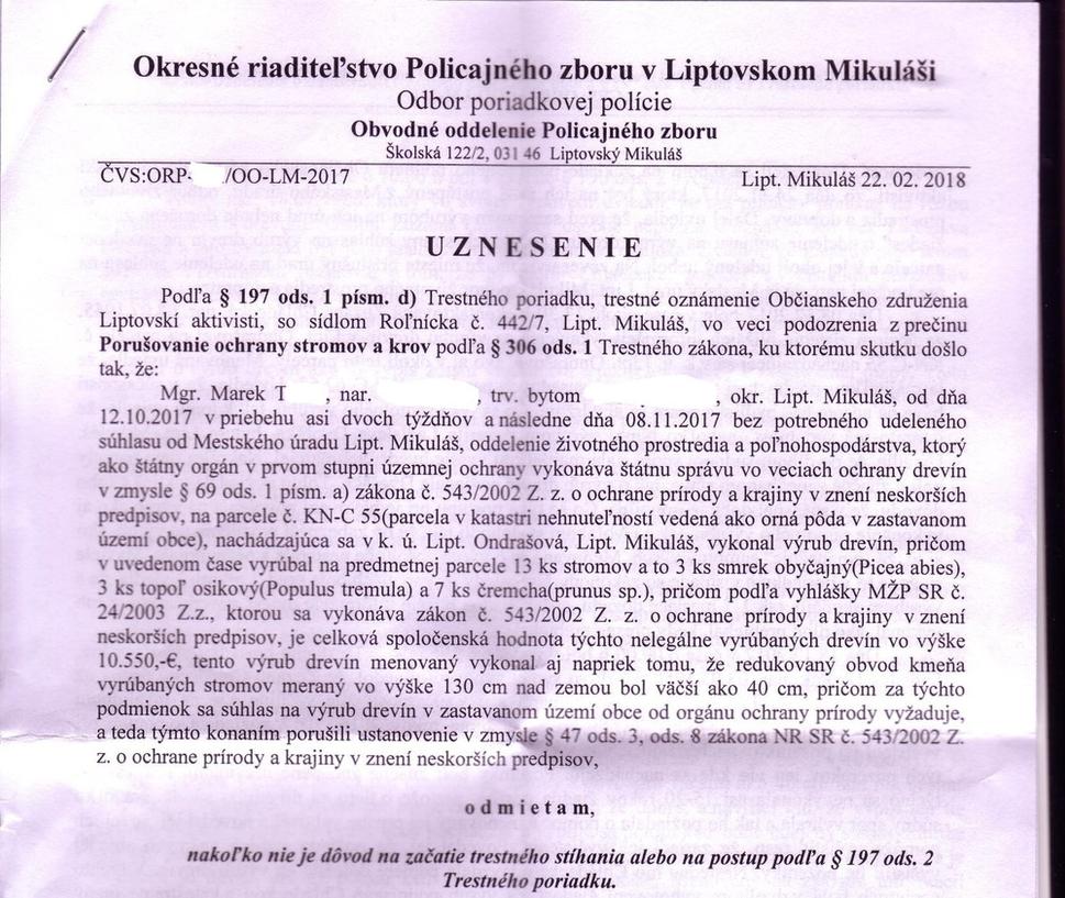Uznesenie vyšetrovateľ, kde je jasne uvedená celková spoločenská hodnota nelegálne vyrúbaných drevín