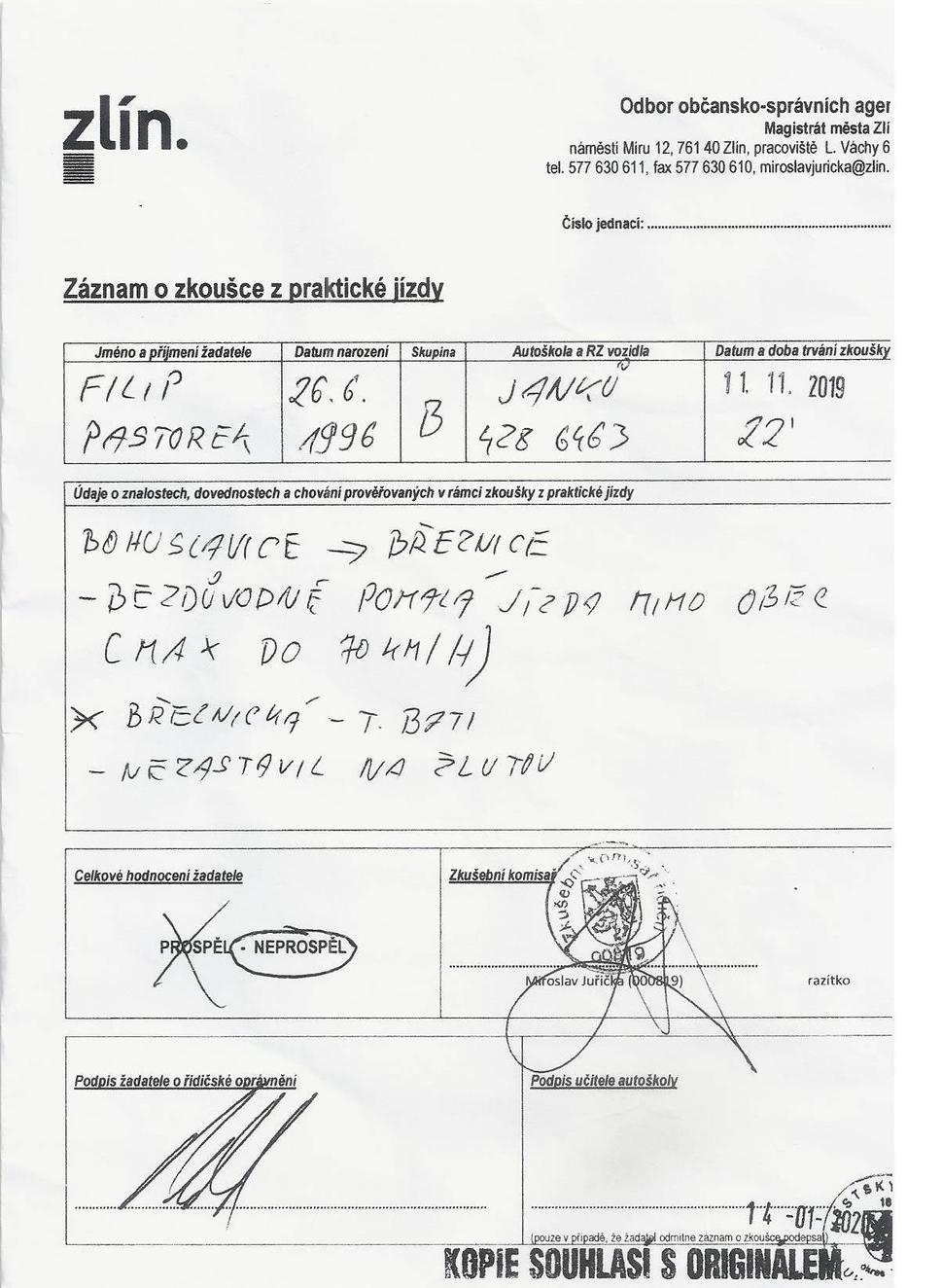 Záznam o skúške 11.11.2019
