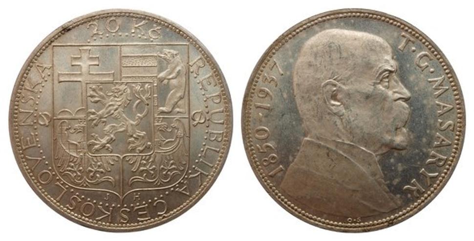 20 Korún - pamätná razba pri príležitosti úmrtia prvého prezidenta republiky