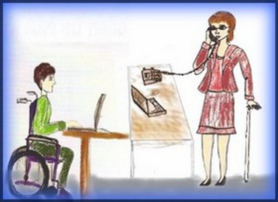 Pracujúci invalidi - telefonujúca nevidiaca úradníčka a píšucí vozíčkar v kancelárii...