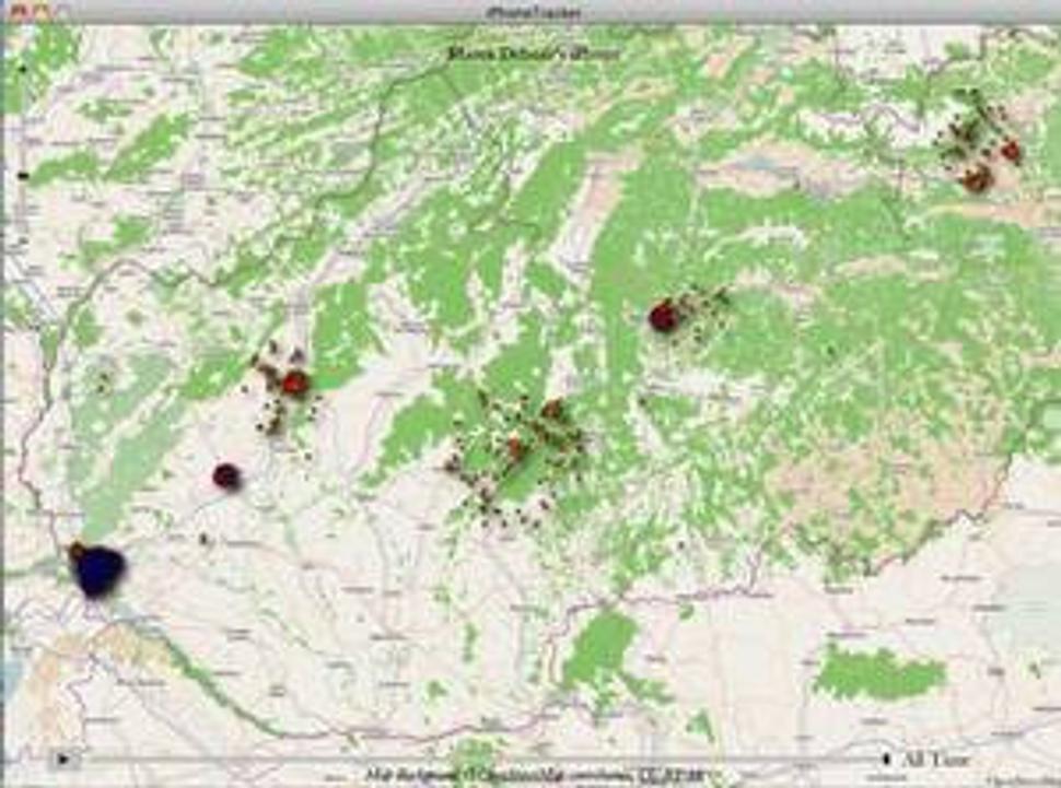 mapa mojich pohybov vytvorená na základe súboru z iPhonu programom iPhoneTracker