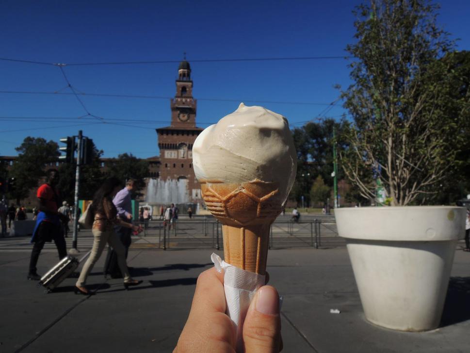 Castello Sforzesco v pozadí