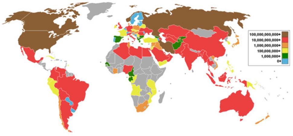 Mapa objemu ťažby zemného plynu v metroch kubických za rok.