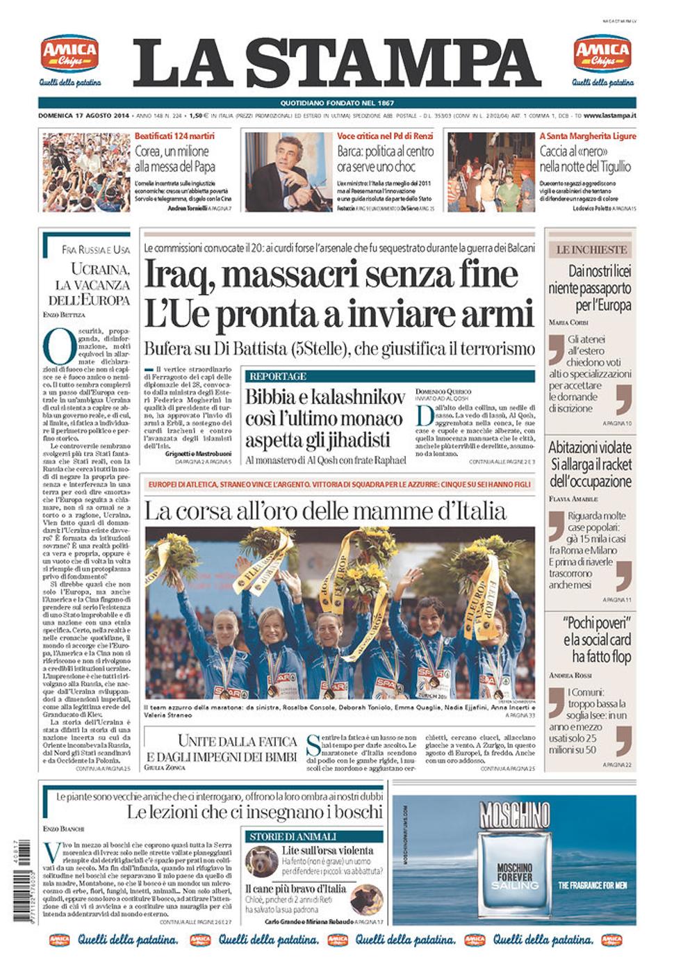 La Stampa (Italy) - Front Page Sunday, August 17, 2014