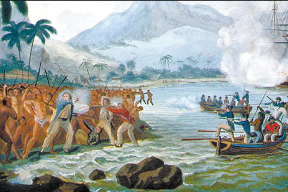 Smrť Jamesa Cooka. Reprodukcia originálneho obrazu Clevelyho vystaveného v Museum of New Zealand, ktorý bol bratom jedného z členov posádky Cookovej lode. Obraz sa považuje za podstatne realistickejšie zobrazenie incidentu než iné dobové obrazy, ktoré Cookovu smrť idealizovali. Zdroj: https://en.wikipedia.org/wiki/Death_of_Cook#/media/File:Deathofcookreproduction.jpg. Licencia: Public domain.