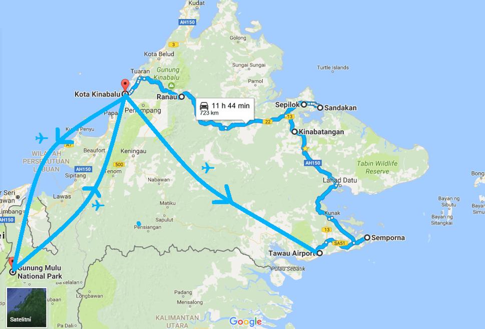 Prílet do Kota Kinabalu, jedna noc na zotavenie, jedna na Sapi island. Potom odlet na východ ostrova a pomalý návrat (nejako) na západ. Odlet z Kota Kinabalu do Mulu (národný park) a potom nazad.