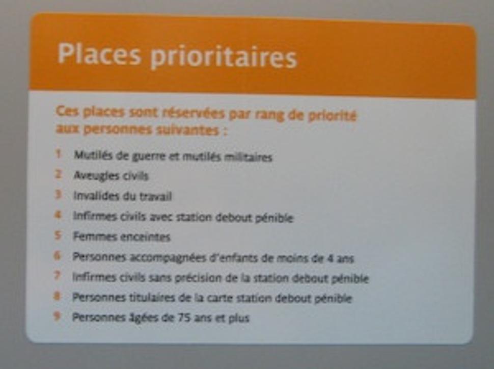 Poradie s nárokom na sedenie: 1.vojnový veterán, 2.slepec, 3.invalid, 4.zranená osoba so sťaženým státím, 5.tehotná žena, 6.sprievodca detí mladších ako 4 roky, 7.neznámo zranená osoba, 8.osoba s preukazom o sťaženom státí, 9.osoba starši ko 75 rokov